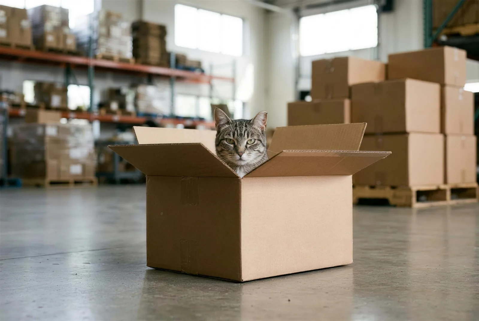 A gray tabby looks out of an open shipping carton on the warehouse floor.
