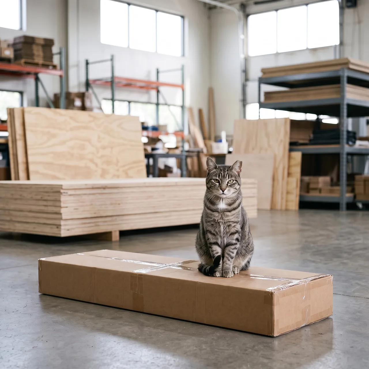 A gray tabby sits on a flat shipping carton on the shop floor, with sheets of plywood stacked behind her.