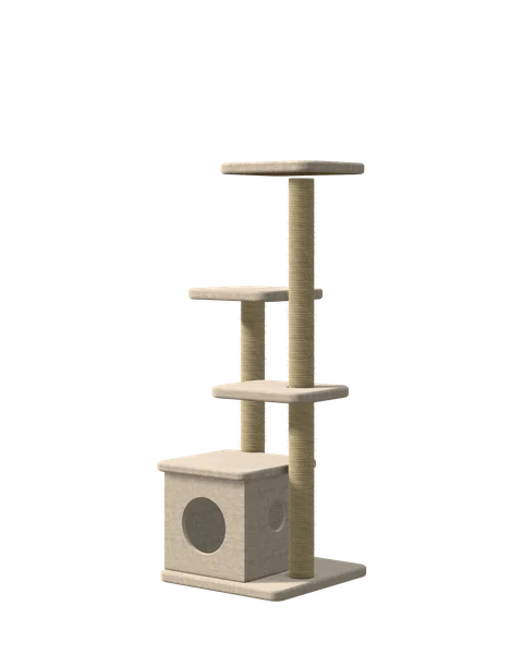 Ridgeline in oatmeal carpet: three platforms above a hideaway cube.