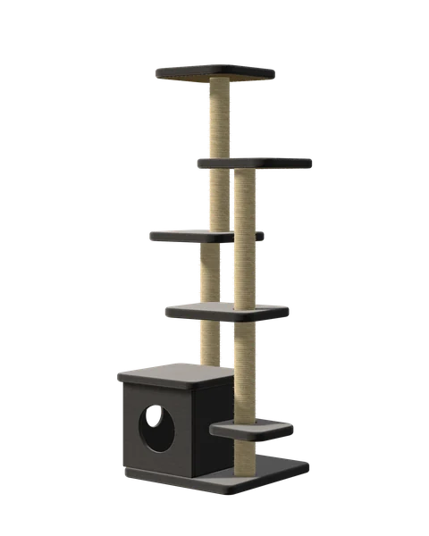 Summit in charcoal carpet: the six-foot tree, with a hideaway cube at the base and platforms all the way up.